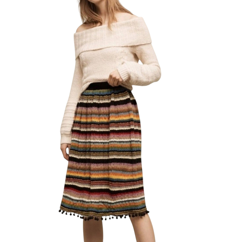 Anthropologie Eri + Ali Boho Striped Pommed Sweater Knit Midi Skirt Pom Pom XS 2